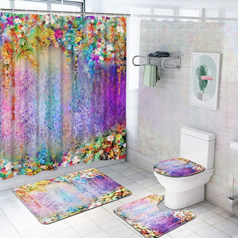 4 Piece Colorful Flower Shower Curtain Set - Picture 1 of 3